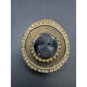 Vintage Benedikt NY Signed Brooch Pin Black Cameo Gold Tone w/ Rhinestone
